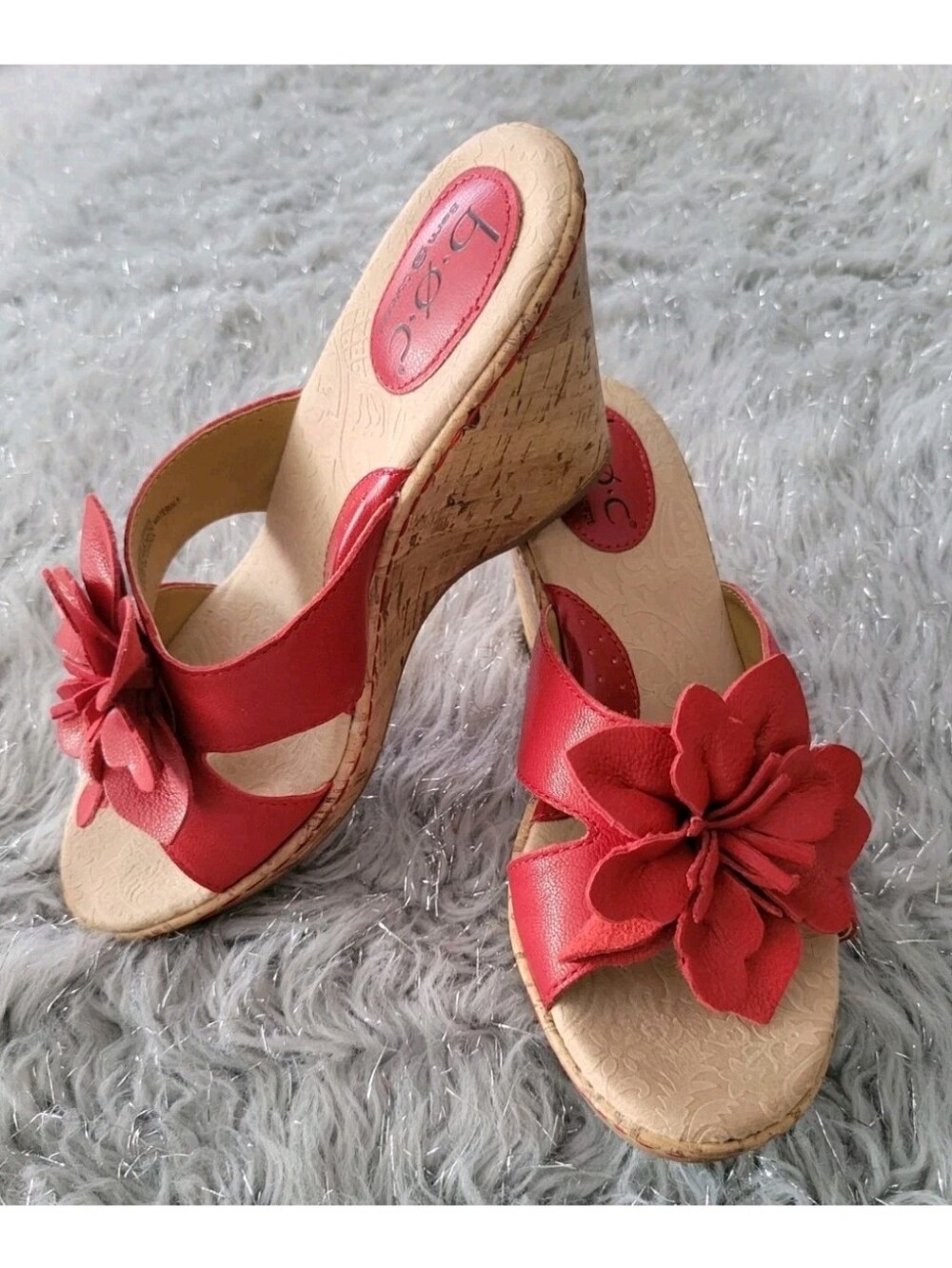BOC BORN CONCEPT Red Leather Floral Flower Cork Wedge Heel Slip On Sandals 8